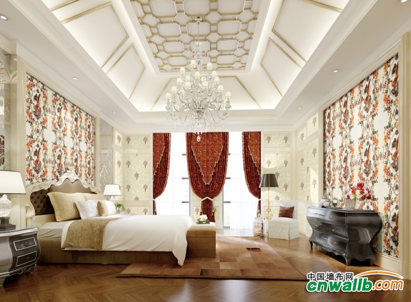 沐丝墙布卧室装修效果图，卧室欧式风格墙布装修案例