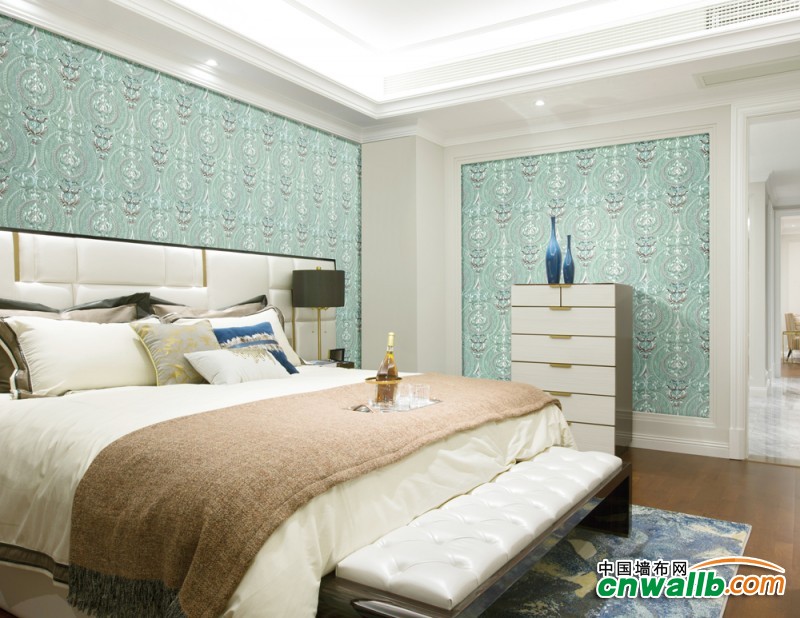 沐丝墙布卧室装修效果图，卧室欧式风格墙布装修案例