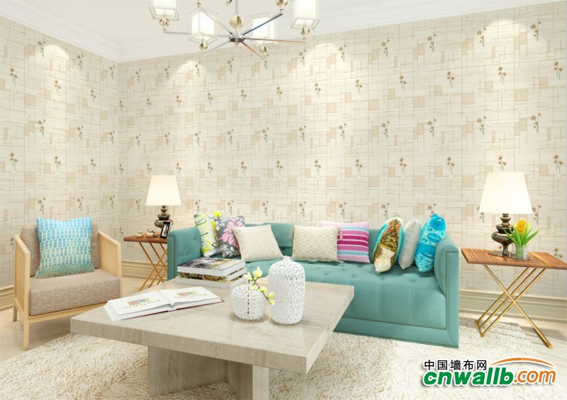 蒙特罗无缝墙布法式田园风格装修效果图，沙发背景墙装修