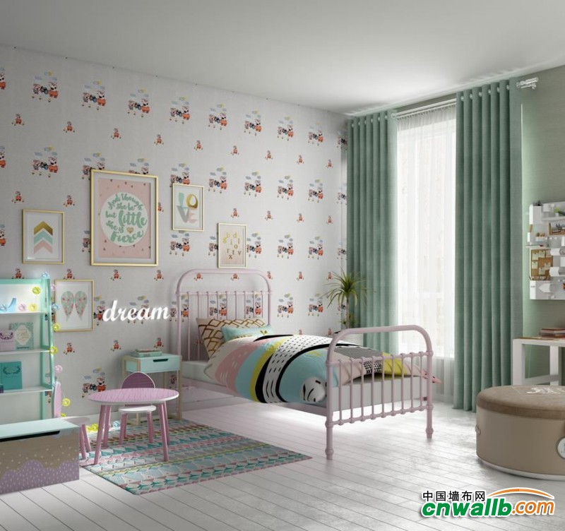 儿童房墙面装修效果图，朵薇拉墙布儿童房卧室装修图