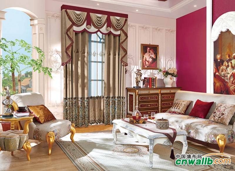 欧式客厅窗帘安装图，布之美欧式窗帘装修图