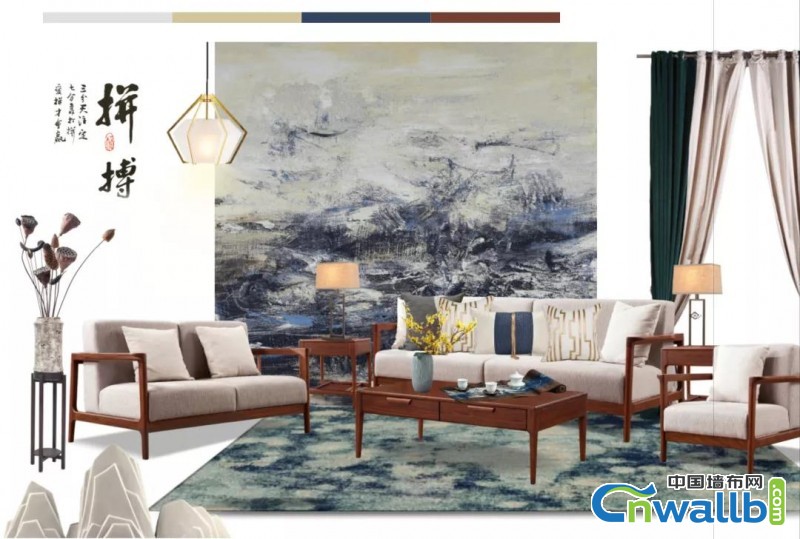 诗画江南墙布客厅背景墙效果图，独幅背景墙系列