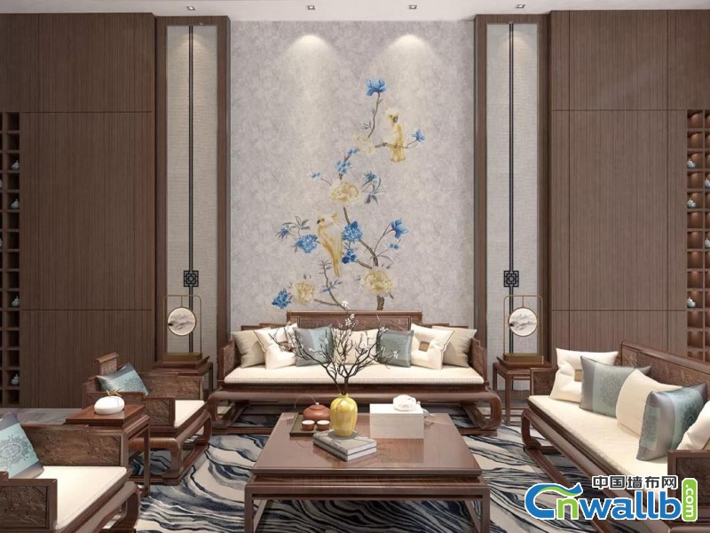 曼秀刺绣墙布客厅+玄关背景墙装修图，新中式背景墙效果图