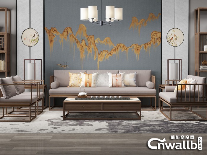 新中式风格喀厅效果图片，宏绣客厅背景墙装修效果图