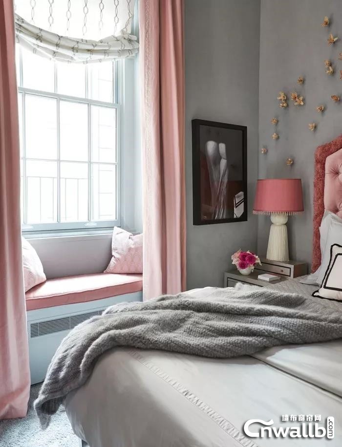 蝶绣墙布高级灰+粉色，给你满满的惊艳感！