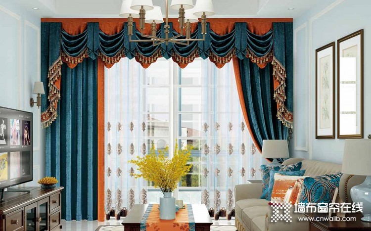 客厅窗帘图片，伊莎莱窗帘美式风格效果图