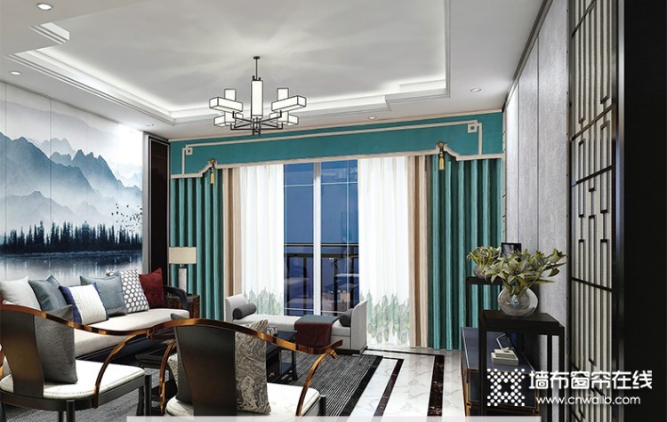美居乐窗帘图片，新中式客厅窗帘装修图