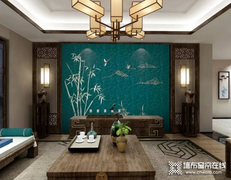 玉麒麟墙布中式独秀效果图，中式客厅装修图